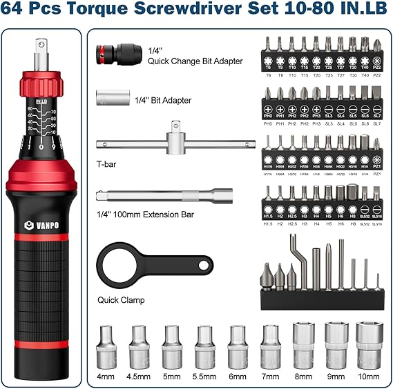 1/4" Torque Screwdriver Set, 64 Pieces 10–80 in-lb Inch Pound Torque Wrench Screwdriver Kit with T-Bar & S2 Bits – Precision Tool for Optics, Electronics, Smart Locks & DIY Repair