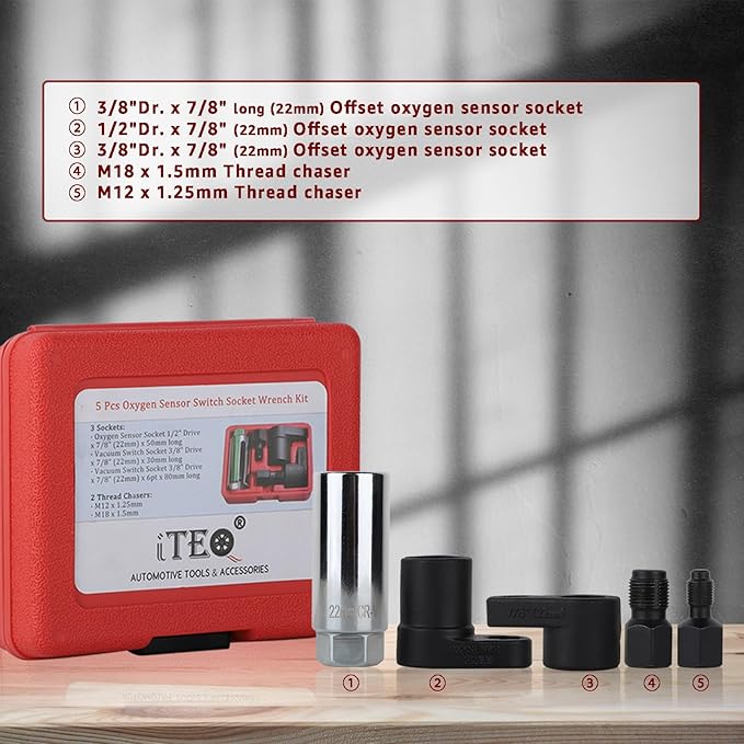 5 Pcs Automotive Oxygen Sensor Socket Wrench Remover tool and Thread Chaser Set