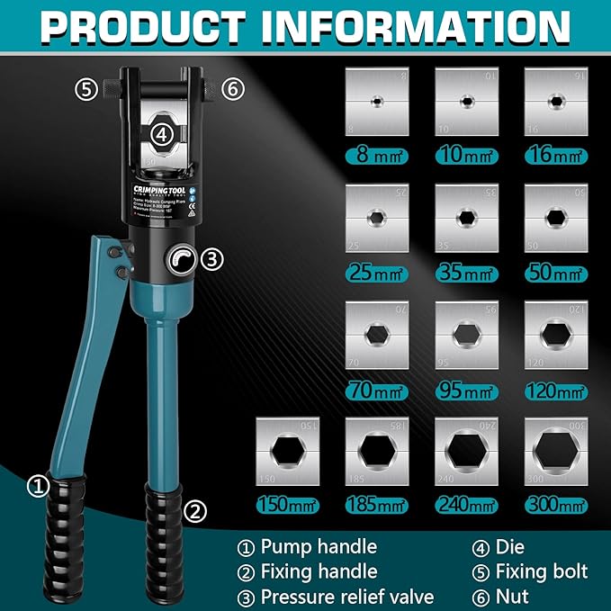 16 Tons Hydraulic Wire Crimping Tool with Cable Cutter and 13 Pairs of Dies, 12 AWG to 600 MCM, Hand Operated Hydraulic Crimping Tool for Wire Rope, Battery Cable Ends Ring Terminals