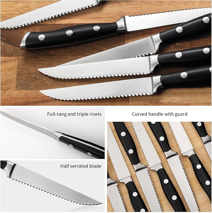 Alata 8-Piece Steak Knives Set with Block, 4.7 Inch with Serrated Edge Razor-Sharp Dinner Knives, Full-Tang Construction, Dishwasher Safe