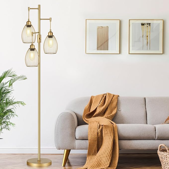 Industrial Floor Lamps Gold 3 Elegant Teardrop Cage Head