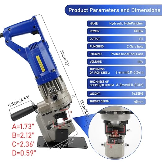 1300W Electric Hydraulic Hole Puncher, 110V Metal Punching Machine, Electric Hydraulic Hole Punch with Die Φ1/4" 3/8" 1/2" 11/16" 4/5", Angle Steel Punching Machine for Steel Iron Aluminum Copper