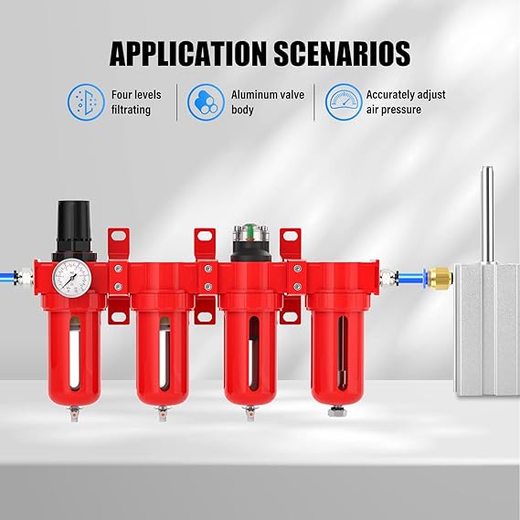1/4" NPT Industrial Grade 4 Stage Aluminum Air Drying System, Coalescing Filter, Double Particulate Filter, Desiccant Dryer and Air Regulator,Manual Drain For Plasma Cutter and Paint Spray