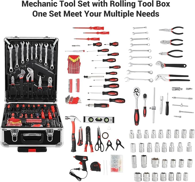 800 Piece Tool Kit with Rolling Tool Box, Socket Wrench Hand Tool Set Mechanic Case Trolley Portable House Repair Kit Set