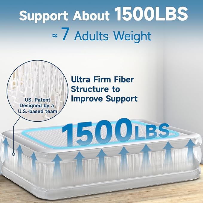 Queen Air Mattress with Built-in Rechargeable Pump, 16" Upgraded Firmness Blow Up Mattress, Heavy Duty Inflatable Bed Supports 1500 lbs, Portable 3 Mins Inflatable for Home Guests & Camping