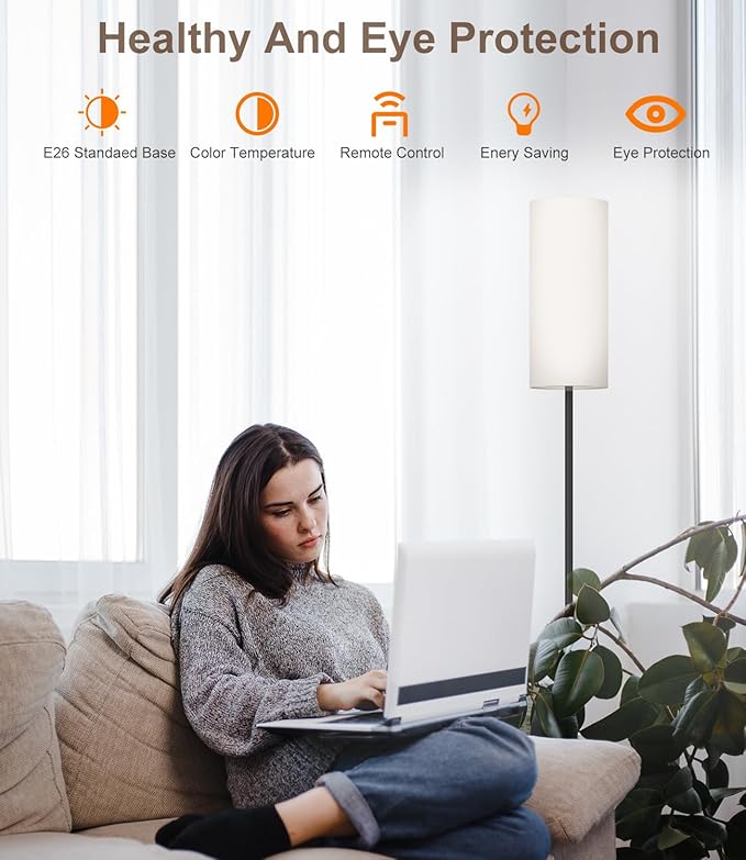 luckystyle LED Floor Lamp for Living Room, Dimmable Standing Lamps with Foot Switch,Remote Custom Color Temperature Black Pole Lamp with Lampshade,12W Led Bulb Tall Lamps for Bedroom Office Kid Room