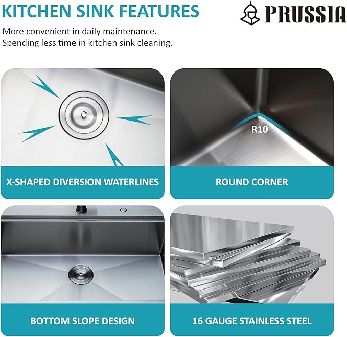PRUSSIA 33 Inch Kitchen Sink, 33" x 22" x 10" Drop-In 304 Stainless Steel 16 Gauge Single Bowl Sink U910
