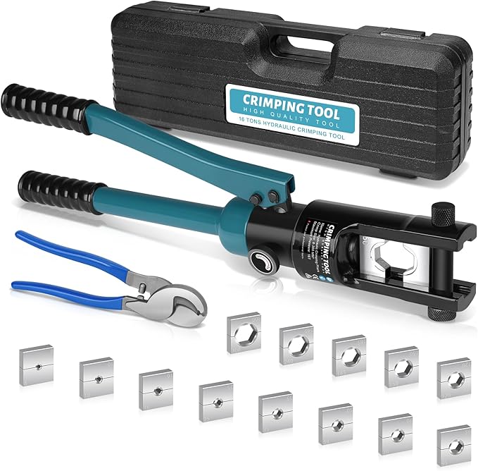 16 Tons Hydraulic Wire Crimping Tool with Cable Cutter and 13 Pairs of Dies, 12 AWG to 600 MCM, Hand Operated Hydraulic Crimping Tool for Wire Rope, Battery Cable Ends Ring Terminals