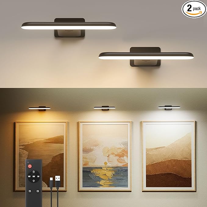 FULEN 2 Pack Picture Lights for Wall,Battery Operated Wall Sconce Rechargeable,LED Wall Light Cordless with Remote,3 Color Temperature, Art Lights for Painting,Frame,Gallery,Dartboard Lights,Black