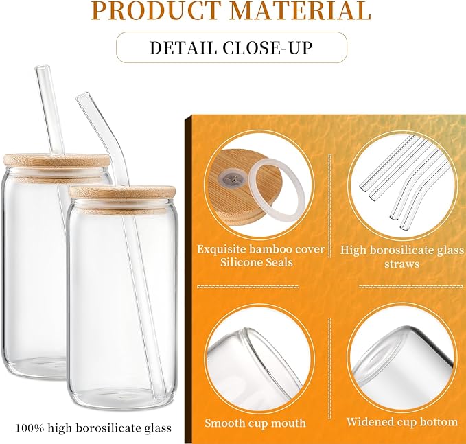 DWTS DANWEITESI Glass Cups with Lids and Straws 4 pcs,16oz Drinking Glasses Set for Coffee Bar Accessories Iced Coffee Cups with Lids,Glass Tumbler Reusable for Gifts