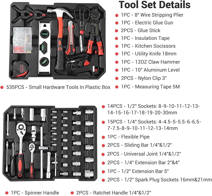 800 Piece Tool Kit with Rolling Tool Box, Socket Wrench Hand Tool Set Mechanic Case Trolley Portable House Repair Kit Set