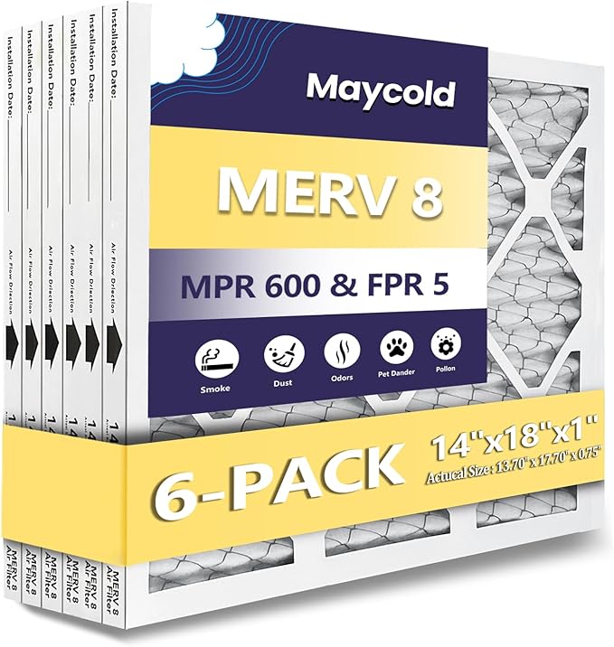 Maycold MERV 8 14x18x1 Furnace Air Filters (6-Pack), Pleated HVAC AC Filters – Actual Size: 13.70” x 17.70” x 0.75”, For Residential or Office Use, Individually Wrapped in Plastic