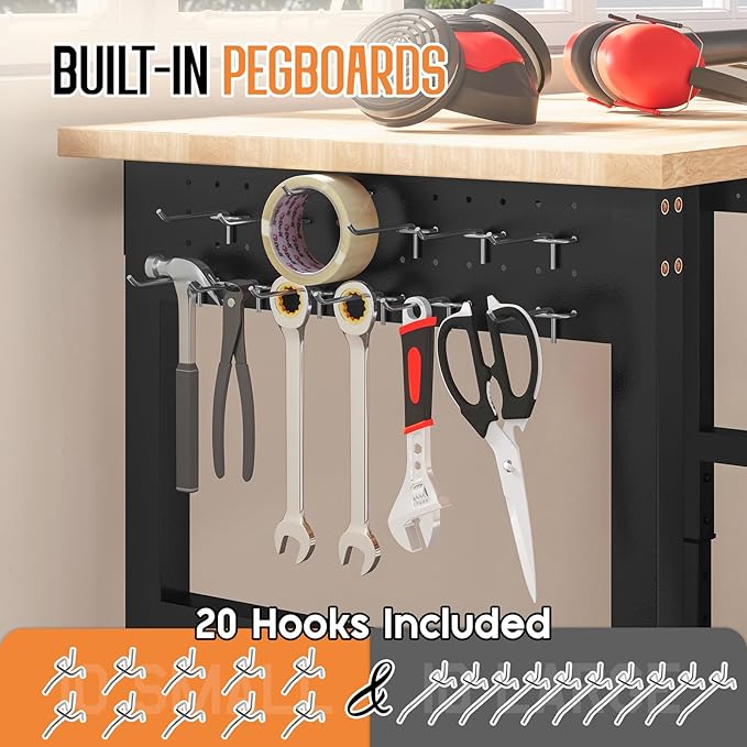 Albott 68"x48" L-Shaped Adjustable Workbench with Storage & Power Strip, Heavy Duty Tool Bench for Woodworking, Garage, Workshop, Home Office, 6000LBS Load, Pegboard & Hooks, ETL Certified
