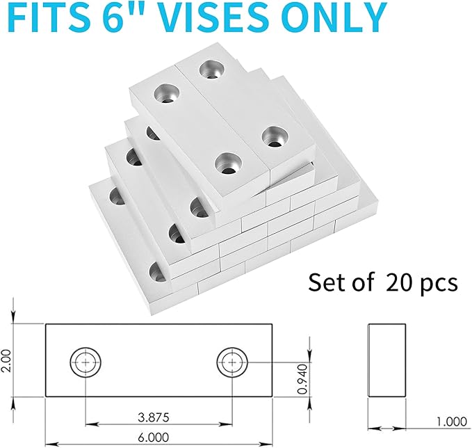 10 Sets(20Pcs) Aluminum Soft Jaws Set, 6 inch Vise Jaws 6" x 2" X 1",10Set Vise Soft Jaws Fit to 6" Kurt Vise Jaws,