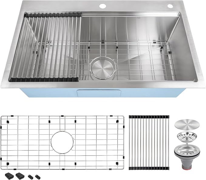 32 Inch Kitchen Sink Drop In Workstation-32x19 Single Bowl Stainless Steel Top Mount 16 Gauge Handmade Sink, 10" Deep for Home & Commercial