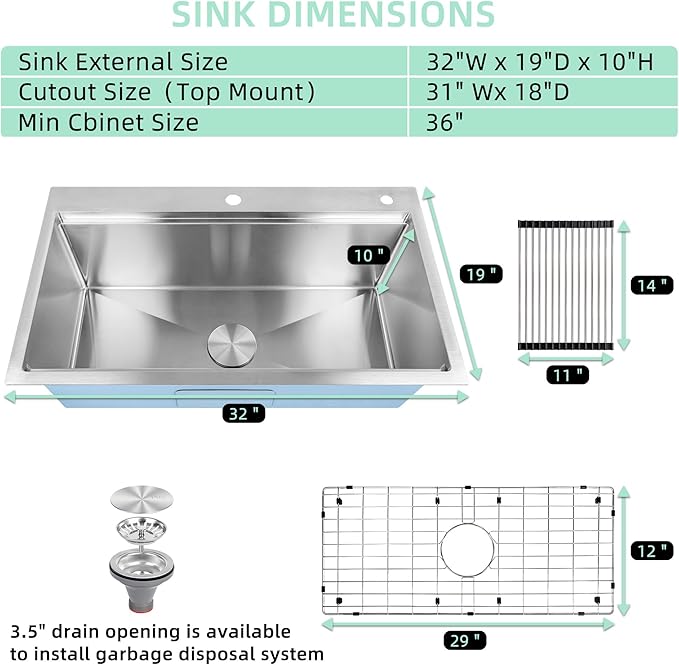 32 Inch Kitchen Sink Drop In Workstation-32x19 Single Bowl Stainless Steel Top Mount 16 Gauge Handmade Sink, 10" Deep for Home & Commercial
