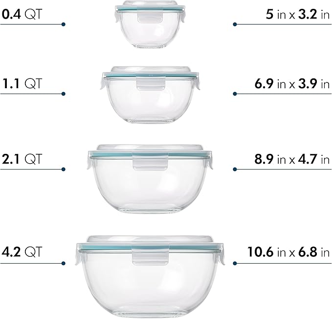 Glasslock Mixing Bowl with Latching Lids 8-Pieces Set – Airtight, Leakproof, BPA Free Lids, Nesting, Meal Prep, Baking, Salad, Food Storage & Serving Bowl, Microwave, Fridge & Freezer, Dishwasher Safe