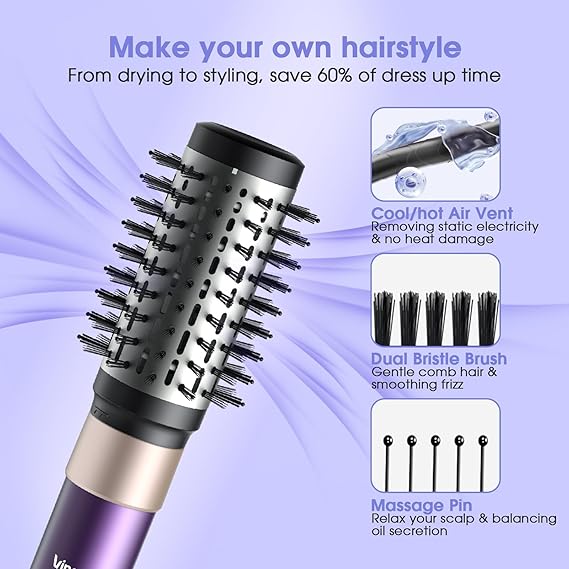 7-in-1 Hair Dryer Brush and Hair Styler Set – Fast Drying, Curling, Straightening & Volumizing – Hot Air Styling Tool with No Heat Damage – for All Hair Types – Lavender