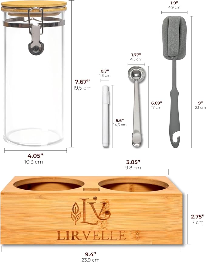 Airtight Coffee Canister with Scoop | Curated Glass Storage Set for Beans, Grounds & Sugar | 9-Piece Ritual Organizer with Bamboo Base, Versatile Artisan Spoon, Labels & Cleaning Brush