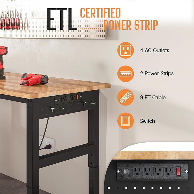 Albott 68"x48" L-Shaped Adjustable Workbench with Storage & Power Strip, Heavy Duty Tool Bench for Woodworking, Garage, Workshop, Home Office, 6000LBS Load, Pegboard & Hooks, ETL Certified