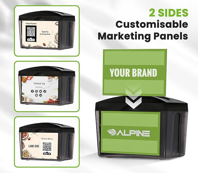 Alpine 3 Pack Tabletop Commercial Napkin Dispenser Restaurant Napkin Holder for Interfold Napkins with 2 Side Marketing Space Insert for Restaurants, Cafeterias, Food Trucks, Clubs - Black