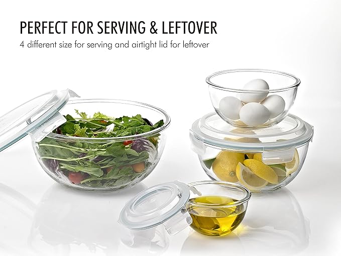 Glasslock Mixing Bowl with Latching Lids 8-Pieces Set – Airtight, Leakproof, BPA Free Lids, Nesting, Meal Prep, Baking, Salad, Food Storage & Serving Bowl, Microwave, Fridge & Freezer, Dishwasher Safe