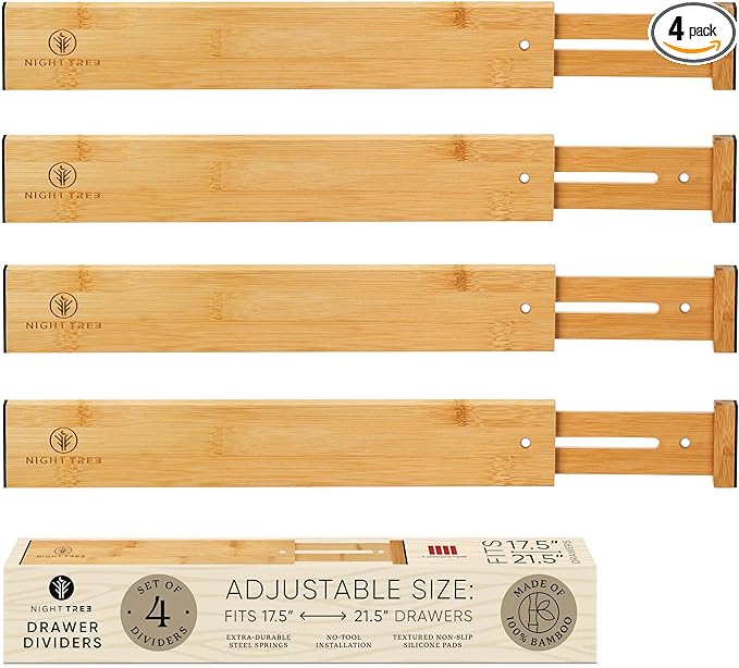 Night Tree Bamboo Wooden Drawer Dividers 18" to 20" for Clothes Kitchen Utensils Bathroom Dresser Drawers