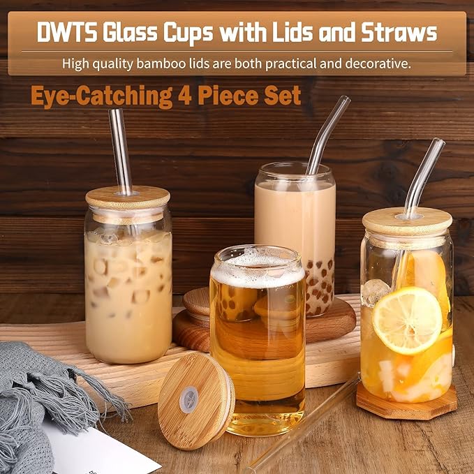 DWTS DANWEITESI Glass Cups with Lids and Straws 4 pcs,16oz Drinking Glasses Set for Coffee Bar Accessories Iced Coffee Cups with Lids,Glass Tumbler Reusable for Gifts