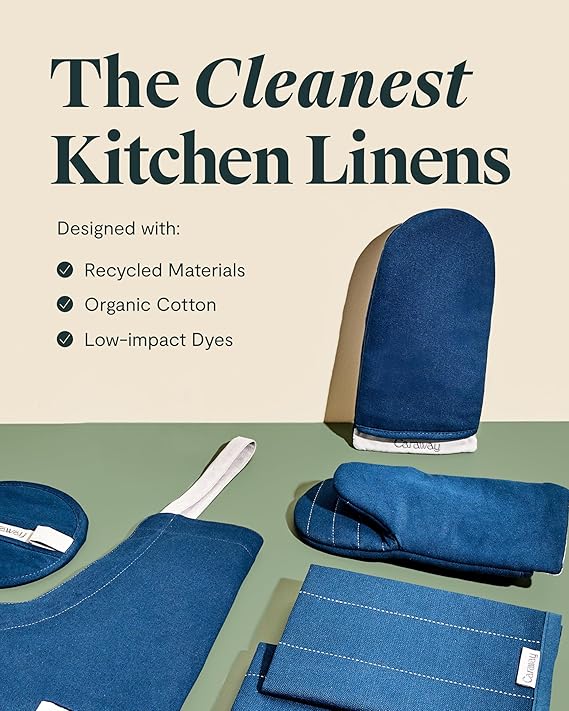 Caraway Linen Set - Apron, Pot Holders, Oven Mitts, & Tea Towels - 100% Organic Cotton - Durable, Machine Washable