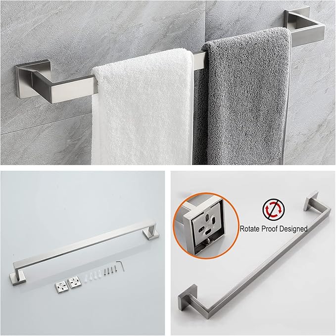 Bathroom Towel Bar Set 10 Pieces Brush Nickel Square Modern Bathroom Hardware Set SUS304 Bathroom Accessories Set Towel Rack Set for Bathroom Wall Mounted (Brushed Nickel, 24 Inch)