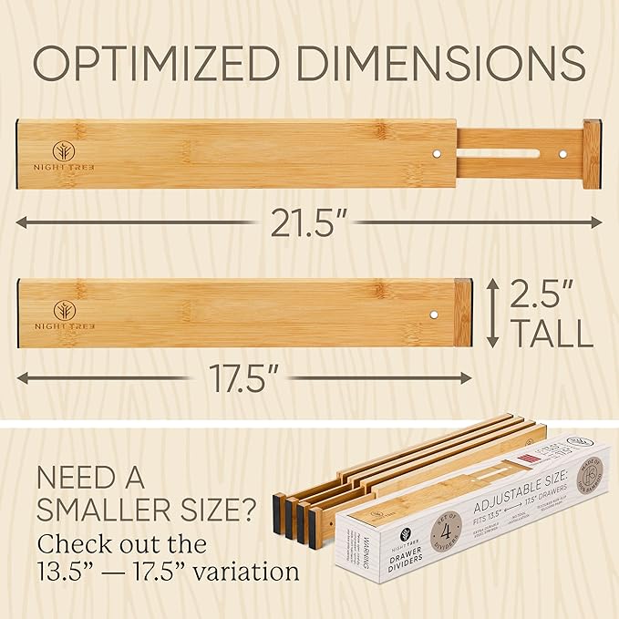 Night Tree Bamboo Wooden Drawer Dividers 18" to 20" for Clothes Kitchen Utensils Bathroom Dresser Drawers