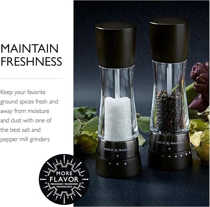 Cole & Mason H332293 Derwent Black Wood Salt and Pepper Mills, Gourmet Precision+, Adjustable Grind, Stained Beech/Acrylic, 190 mm, Gift Set, Includes 1 Salt and 1 Pepper Grinders