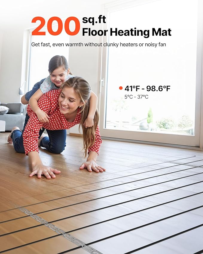 VEVOR 200 sqft Underfloor Heating Cable Kit, 240V Electric Radiant Heated Floor System, with Smart Control Thermostat & Alarm, Easy Installation for Tile, Stone, Vinyl, Home Improvement