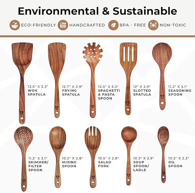 Wooden Spoons for Cooking, 10 Pcs Wooden Cooking Utensils Set – Wooden Utensil Set for Nonstick Pans & Cookware – Teak Wood - Sturdy, Lightweight & Heat Resistant