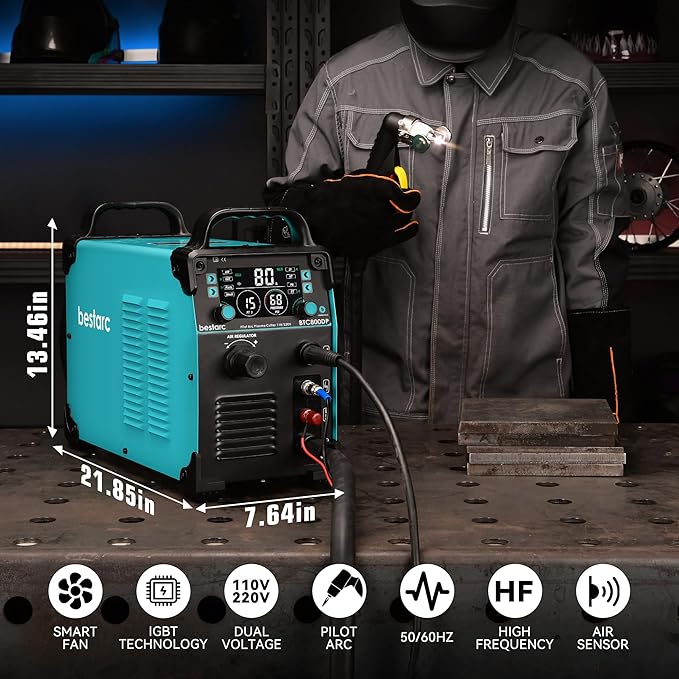 Plasma Cutter, [Pilot Arc] [Large LED Display] [Air Sensor] 80A bestarc Plasma Cutter Machine 110/220V Dual Voltage, 7/8 Inch Clean Cut 1.38 Inch Max Cut, Post Flow 2T/4T for Beginners DIY