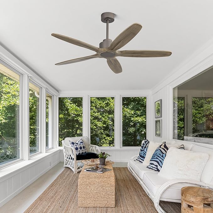 WINGBO 54 Inch Ceiling Fan without Light - 5 Carved Solid Wood Blades, 6-Speed Reversible DC Motor, Noiseless Remote Control Ceiling Fan No Light for Bedroom Living Room Kitchen, Charcoal Gray
