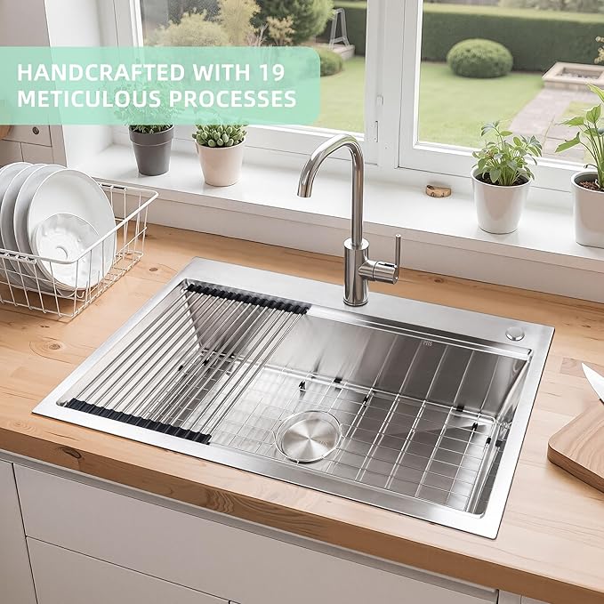 32 Inch Kitchen Sink Drop In Workstation-32x19 Single Bowl Stainless Steel Top Mount 16 Gauge Handmade Sink, 10" Deep for Home & Commercial