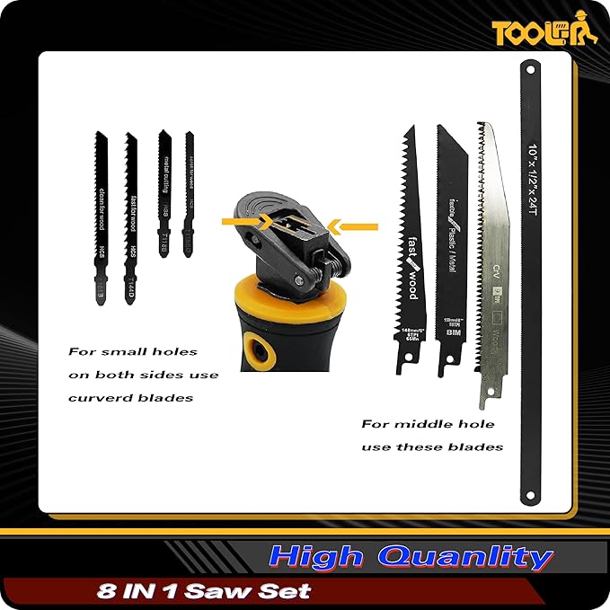 8-In-1 Multi Blades Hand Saw, Drywall Cutter. Hacksaw. Long Blade Hand Saw, Jab Saw, For Cutting Drywall, Sheetrock, Wood, Metel, Plastic, Plywood. Blade Quick Change Mechanism.