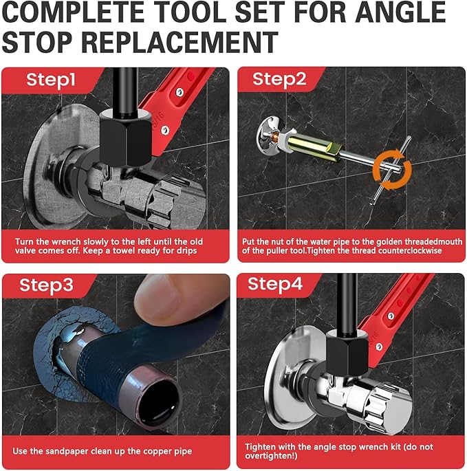 6 Pcs Plumbing Tools Kit with Angle Stop Wrench & 1/2-Inch Compression Sleeve Puller, Professional Plumbers Wrench, Sandpaper and Storage Bag for Frozen/Corroded Angle Stop