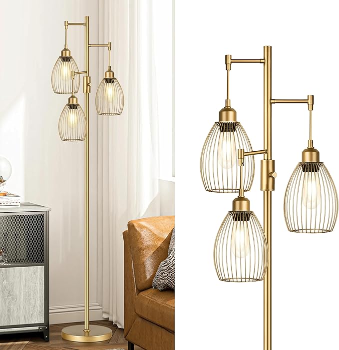 Industrial Floor Lamps Gold 3 Elegant Teardrop Cage Head