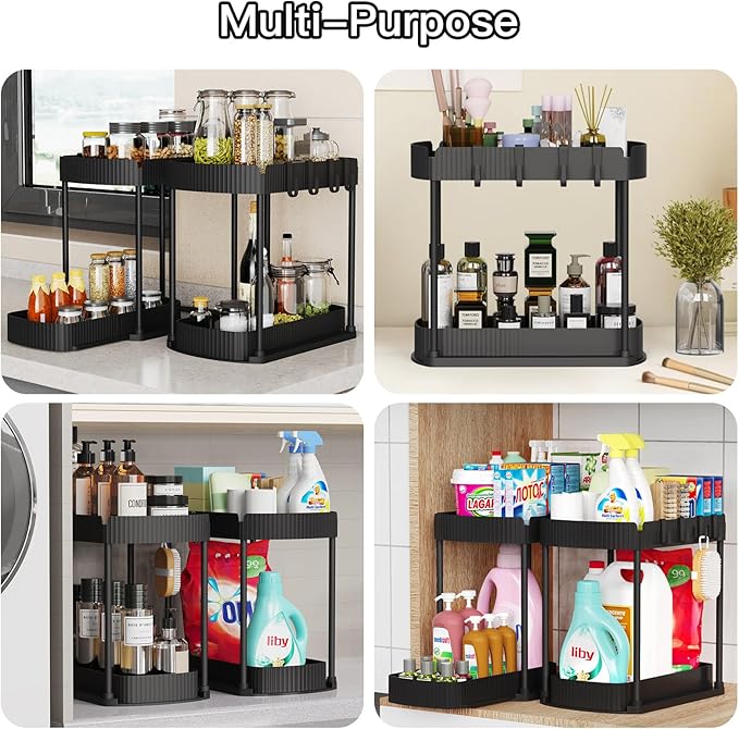 2 Pack Multi-Purpose Pull-Out Storage Organizers, Under Sink Organizers and Storage for Bathroom & Kitchen, Under Cabinet Organizers and storage, 12.8 Inch, Black