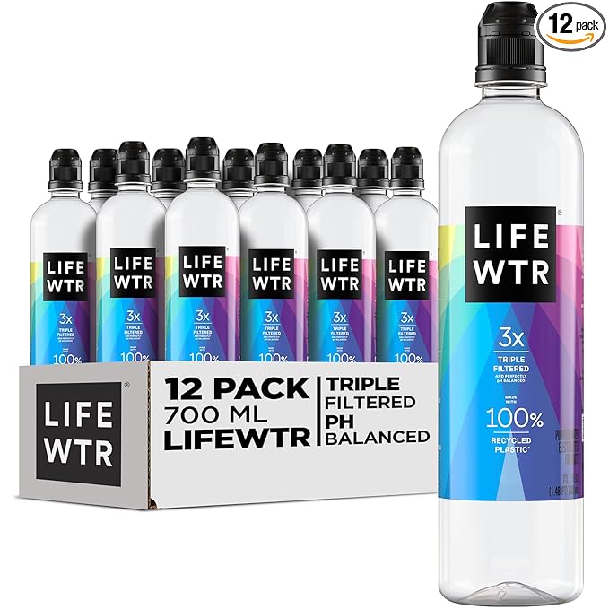 LIFEWTR Premium Purified Water, pH Balanced with Electrolytes, 100% recycled plastic bottles, 23.7 Fl Oz Flip Cap Bottles, 700 mL (Pack of 12)