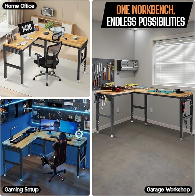 Albott 68"x48" L-Shaped Adjustable Workbench with Storage & Power Strip, Heavy Duty Tool Bench for Woodworking, Garage, Workshop, Home Office, 6000LBS Load, Pegboard & Hooks, ETL Certified