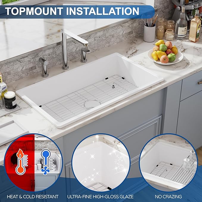 30 White Undermount Kitchen Sink, Hugsleek Topmount & Undermount Kitchen Sink 30x18 inch White Porcelain Ceramic Fireclay Sinks Dual Mount Accessories Single Bowl Under Counter Sinks Basin Drop In