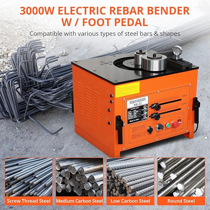 3000W Electric Rebar Bender up to 1.3 inch with Our Electric Bender - Achieve 0-180° Angles, Operate with Convenient Foot Pedal Switch, Powerful 3000W Motor