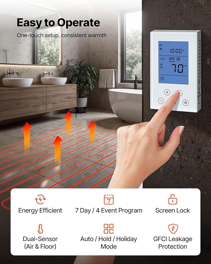 VEVOR 200 sqft Underfloor Heating Cable Kit, 240V Electric Radiant Heated Floor System, with Smart Control Thermostat & Alarm, Easy Installation for Tile, Stone, Vinyl, Home Improvement