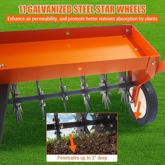 40 Inch Tow Behind Aerator, Aerator Lawn Tool with Universal Hitch, Adjustable Handle, Transport Wheels, Lawn Aerator Compatible with Tractors for Garden, Farm and Lawn, Orange