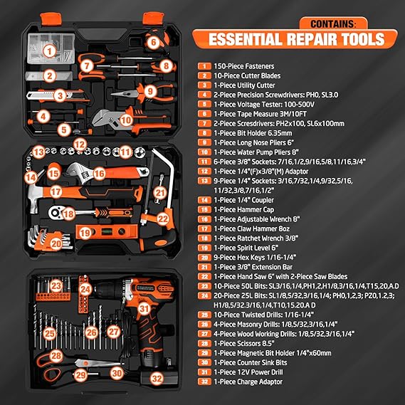 255-Piece Tool Set - Tool Kit with 12V Cordless Drill Driver, Toolbox Storage Case with Drawer, General Household Drill Set for DIY Projects, Home Repairs, Handyman