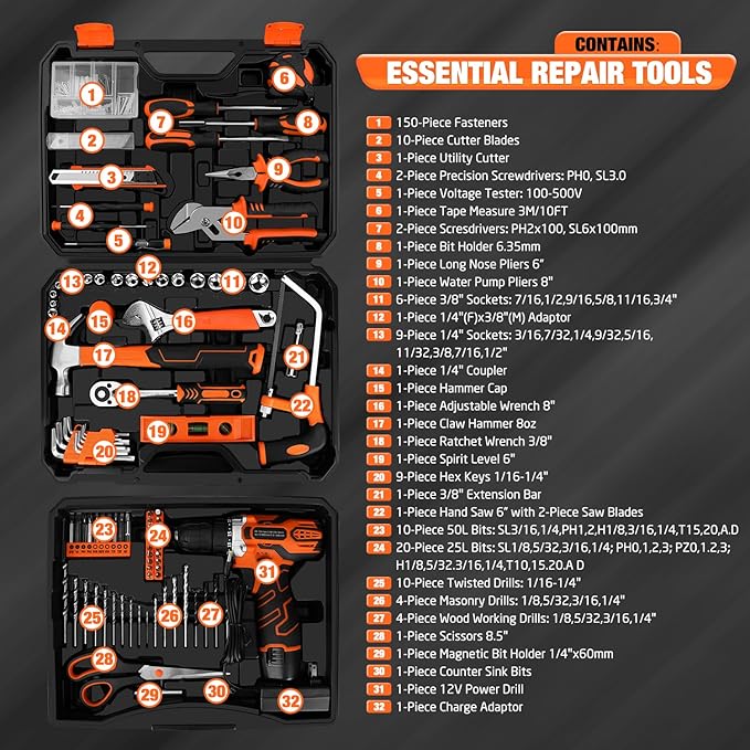 255-Piece Tool Set - Tool Kit with 12V Cordless Drill Driver, Toolbox Storage Case with Drawer, General Household Drill Set for DIY Projects, Home Repairs, Handyman