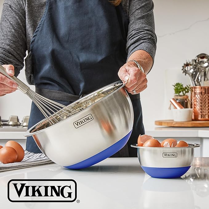 Viking Mixing Bowls Set, 10 Piece Stainless Steel Kitchen Cookware, Non-Slip Silicone Base, Includes Tight Fit Lids, Dishwasher Safe, Teal